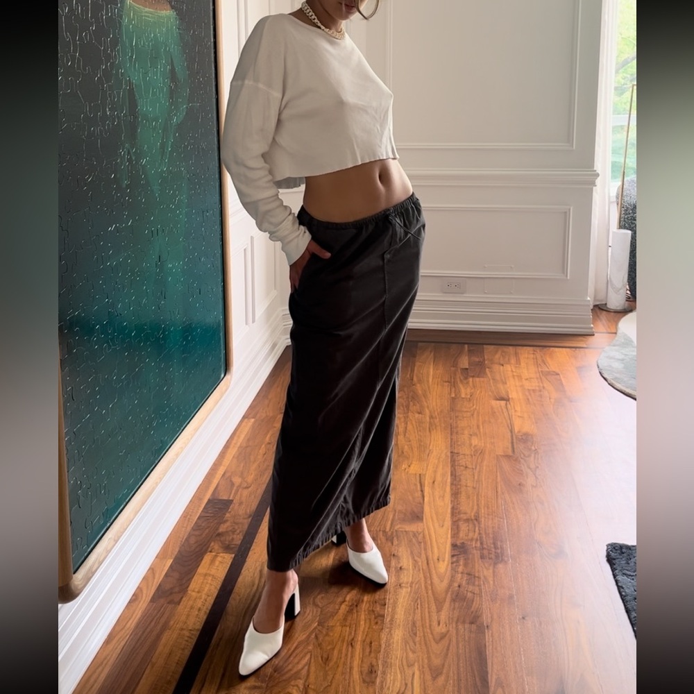 VTG ripstop grid maxi skirt: grey S-M w/ techy bungee cord drawstring + backslit